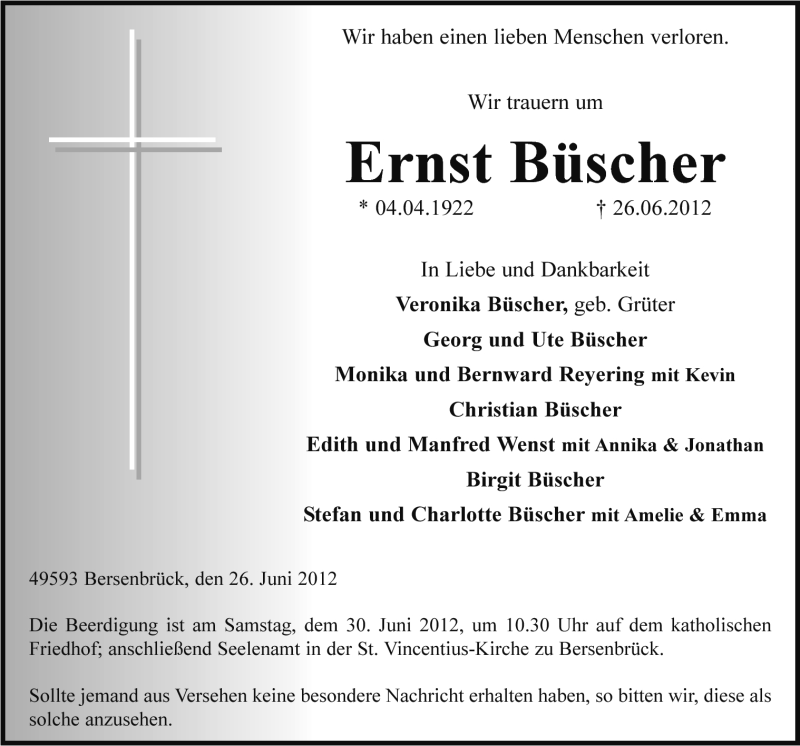  Traueranzeige für Ernst Büscher vom 28.06.2012 aus Neue Osnabrücker Zeitung GmbH & Co. KG