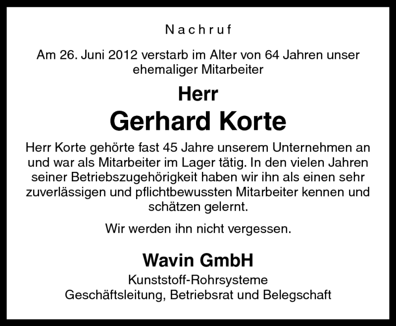  Traueranzeige für Gerhard Korte vom 30.06.2012 aus Neue Osnabrücker Zeitung GmbH & Co. KG