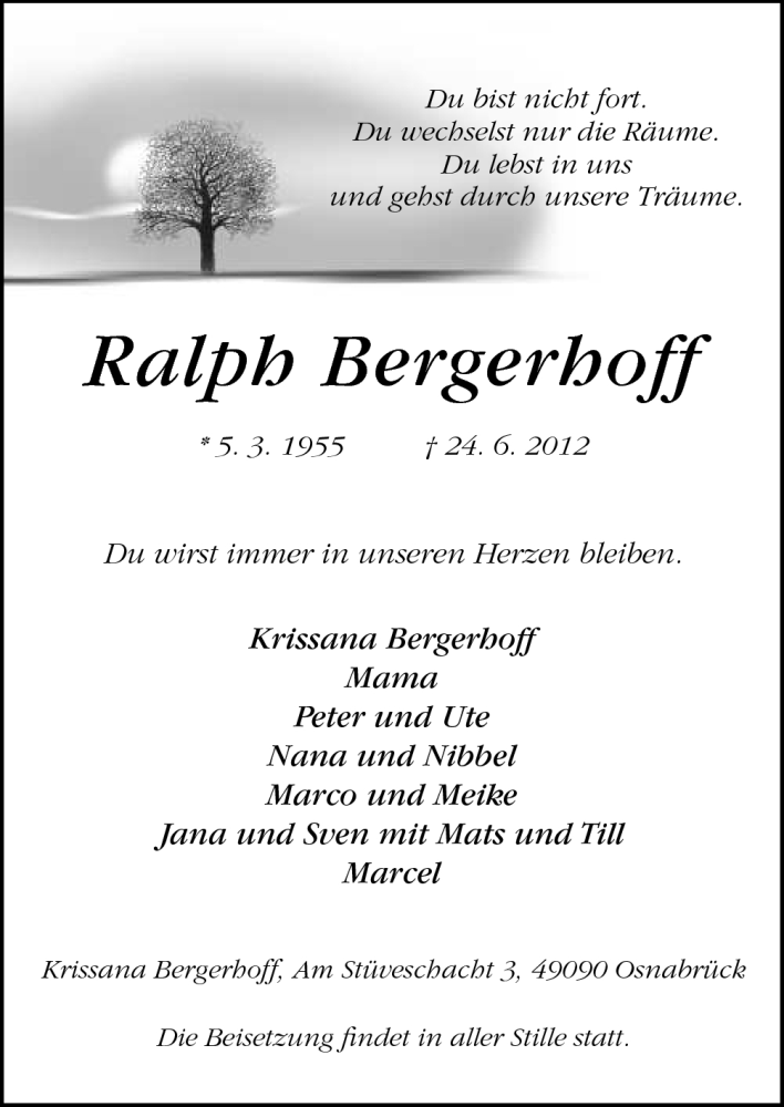  Traueranzeige für Ralph Bergerhoff vom 30.06.2012 aus Neue Osnabrücker Zeitung GmbH & Co. KG