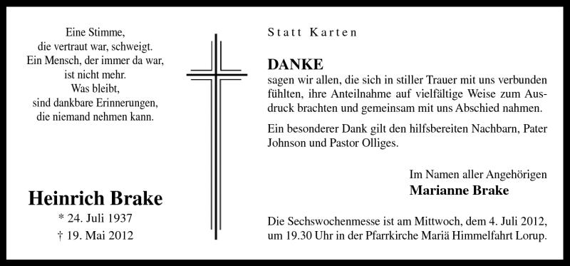  Traueranzeige für Heinrich Brake vom 30.06.2012 aus Neue Osnabrücker Zeitung GmbH & Co. KG