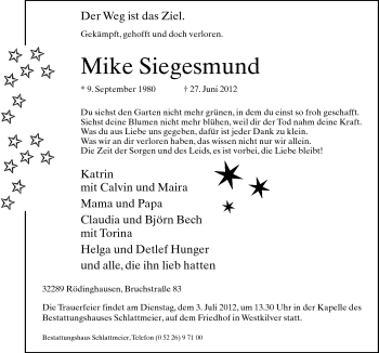 Traueranzeige von Mike Siegesmund von Neue Osnabrücker Zeitung GmbH & Co. KG