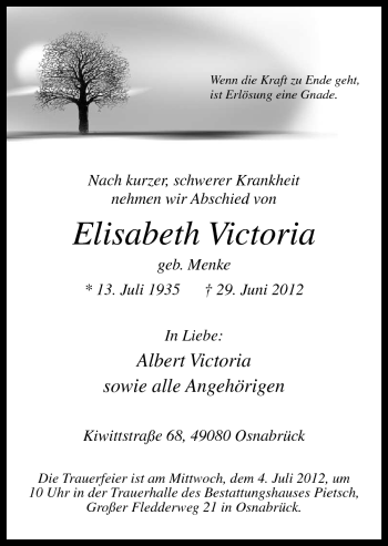 Traueranzeige von Elisabeth Victoria von Neue Osnabrücker Zeitung GmbH & Co. KG