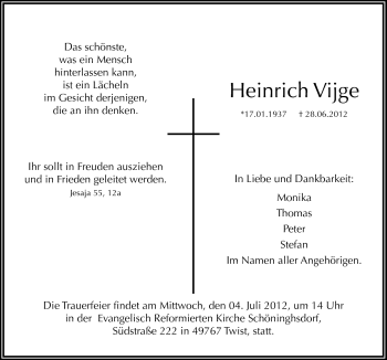 Traueranzeige von Heinrich Vijge von Neue Osnabrücker Zeitung GmbH & Co. KG