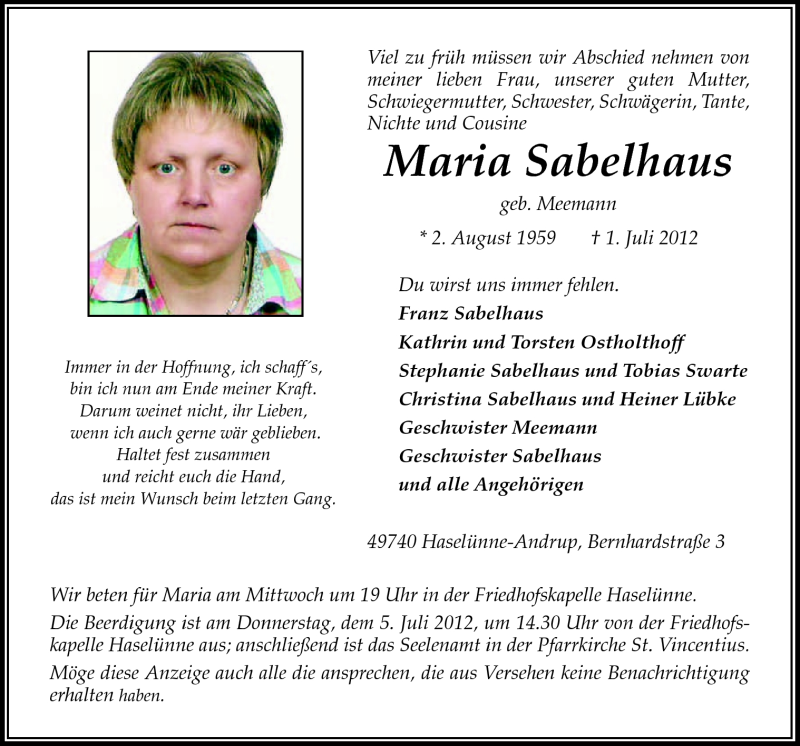  Traueranzeige für Maria Sabelhaus vom 02.07.2012 aus Neue Osnabrücker Zeitung GmbH & Co. KG