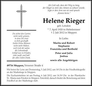 Traueranzeige von Helene Rieger von Neue Osnabrücker Zeitung GmbH & Co. KG
