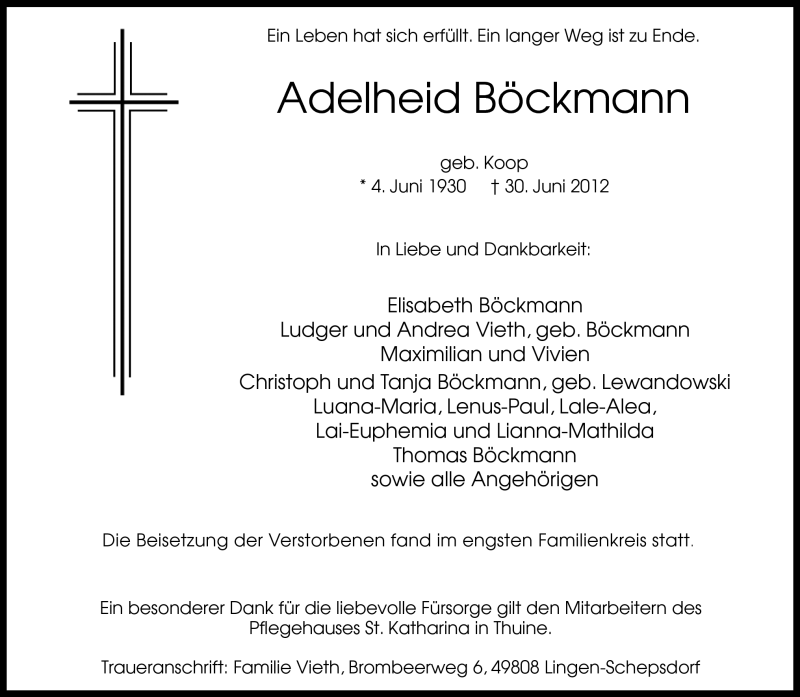  Traueranzeige für Adelheid Böckmann vom 07.07.2012 aus Neue Osnabrücker Zeitung GmbH & Co. KG