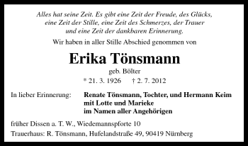 Traueranzeige von Erika Tönsmann von Neue Osnabrücker Zeitung GmbH & Co. KG