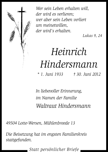 Traueranzeige von Heinrich Hindersmann von Neue Osnabrücker Zeitung GmbH & Co. KG