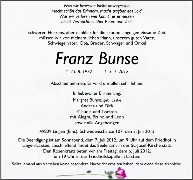  Traueranzeige für Franz Bunse vom 05.07.2012 aus Neue Osnabrücker Zeitung GmbH & Co. KG