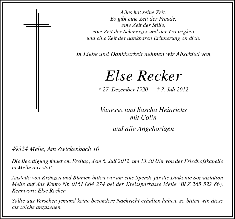  Traueranzeige für Else Recker vom 05.07.2012 aus Neue Osnabrücker Zeitung GmbH & Co. KG