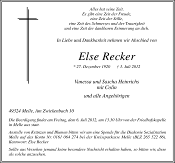 Traueranzeige von Else Recker von Neue Osnabrücker Zeitung GmbH & Co. KG