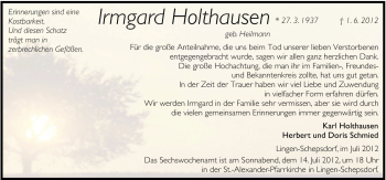 Traueranzeige von Irmgard Holthausen von Neue Osnabrücker Zeitung GmbH & Co. KG
