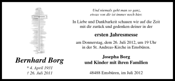 Traueranzeige von Bernhard Borg von Neue Osnabrücker Zeitung GmbH & Co. KG