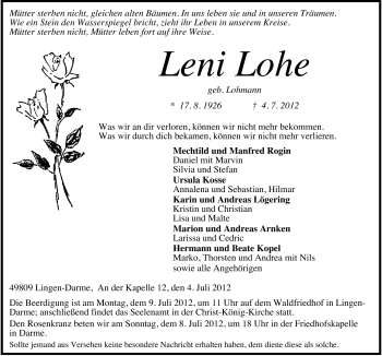 Traueranzeige von Leni Lohe von Neue Osnabrücker Zeitung GmbH & Co. KG