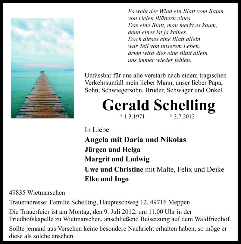  Traueranzeige für Gerald Schelling vom 06.07.2012 aus Neue Osnabrücker Zeitung GmbH & Co. KG