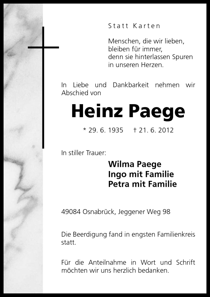  Traueranzeige für Heinz Paege vom 07.07.2012 aus Neue Osnabrücker Zeitung GmbH & Co. KG