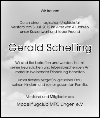 Traueranzeige von Gerald Schelling von Neue Osnabrücker Zeitung GmbH & Co. KG