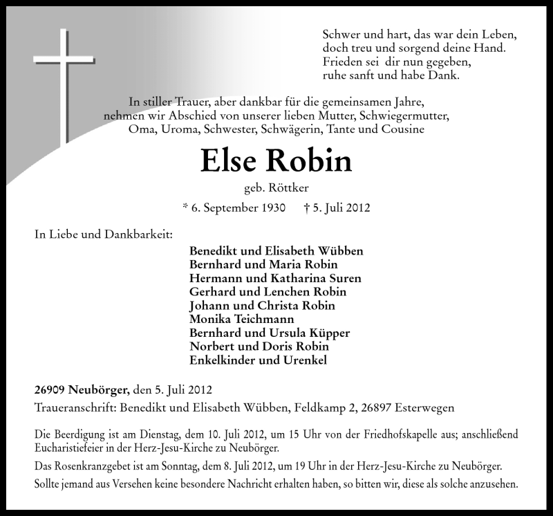  Traueranzeige für Else Robin vom 07.07.2012 aus Neue Osnabrücker Zeitung GmbH & Co. KG