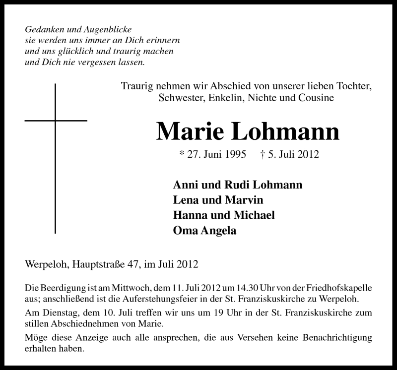  Traueranzeige für Marie Lohmann vom 09.07.2012 aus Neue Osnabrücker Zeitung GmbH & Co. KG