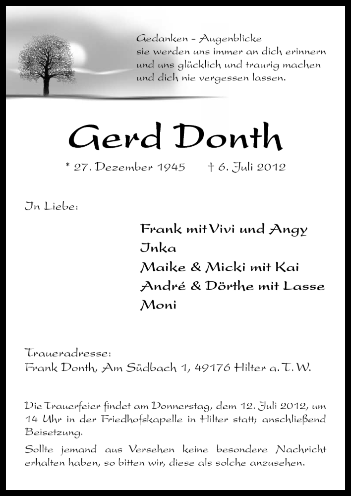  Traueranzeige für Gerd Donth vom 09.07.2012 aus Neue Osnabrücker Zeitung GmbH & Co. KG