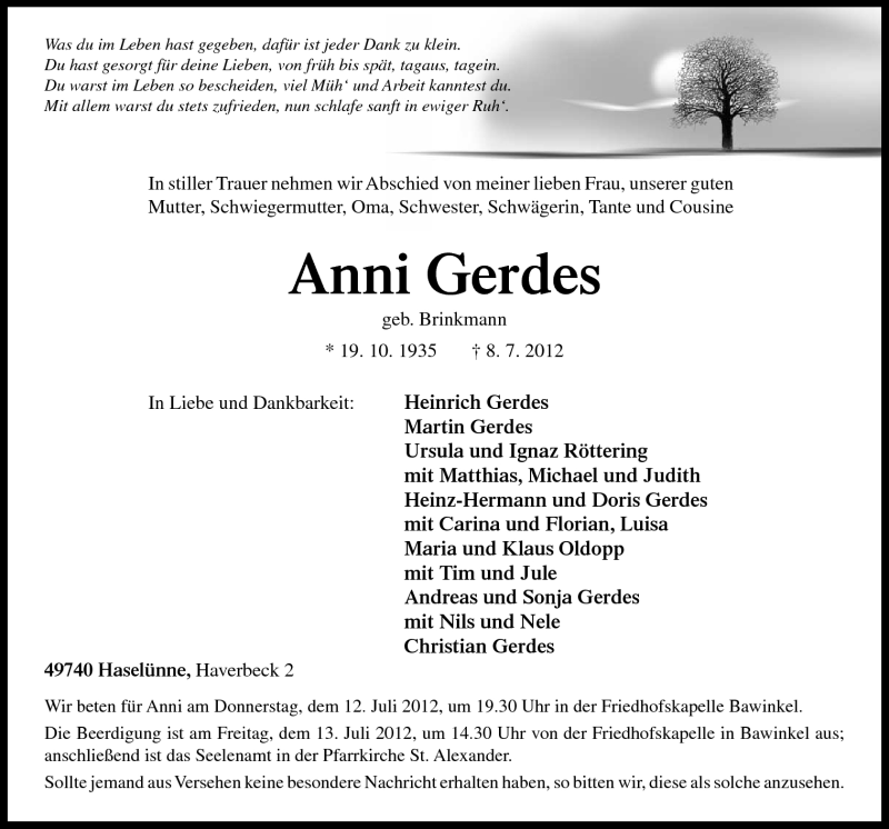  Traueranzeige für Anni Gerdes vom 10.07.2012 aus Neue Osnabrücker Zeitung GmbH & Co. KG