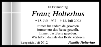 Traueranzeige von Franz Holterhus von Neue Osnabrücker Zeitung GmbH & Co. KG