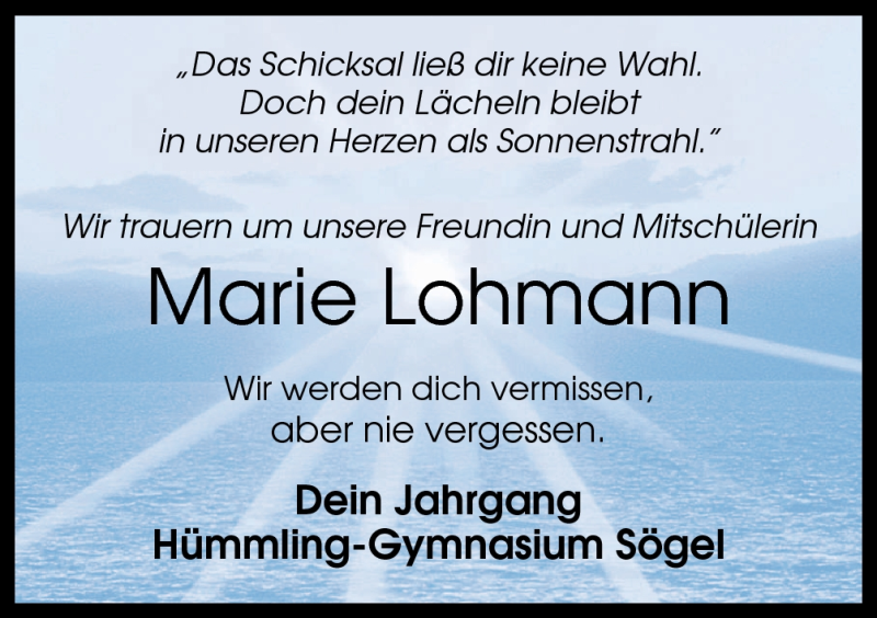  Traueranzeige für Marie Lohmann vom 11.07.2012 aus Neue Osnabrücker Zeitung GmbH & Co. KG