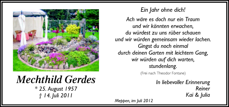  Traueranzeige für Mechthild Gerdes vom 14.07.2012 aus Neue Osnabrücker Zeitung GmbH & Co. KG