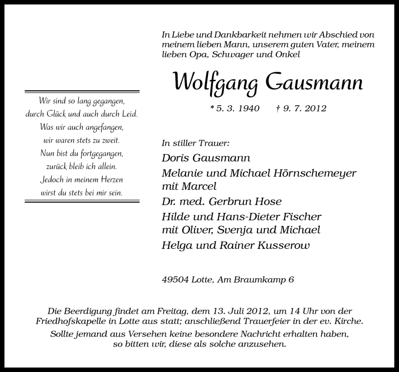  Traueranzeige für Wolfgang Gausmann vom 11.07.2012 aus Neue Osnabrücker Zeitung GmbH & Co. KG