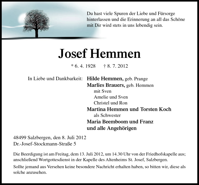  Traueranzeige für Josef Hemmen vom 11.07.2012 aus Neue Osnabrücker Zeitung GmbH & Co. KG