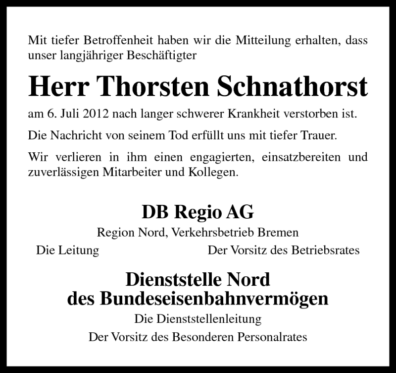  Traueranzeige für Thorsten Schnathorst vom 14.07.2012 aus Neue Osnabrücker Zeitung GmbH & Co. KG