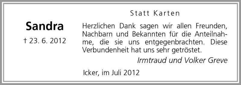  Traueranzeige für Sandra Reimann vom 14.07.2012 aus Neue Osnabrücker Zeitung GmbH & Co. KG