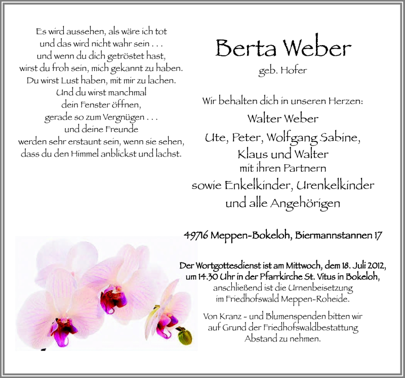  Traueranzeige für Berta Weber vom 12.07.2012 aus Neue Osnabrücker Zeitung GmbH & Co. KG