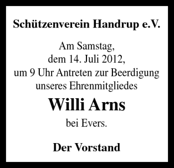 Traueranzeige von Willi Arns von Neue Osnabrücker Zeitung GmbH & Co. KG