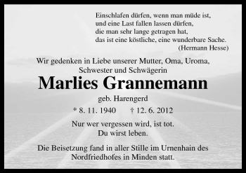 Traueranzeige von Marlies Grannemann von Neue Osnabrücker Zeitung GmbH & Co. KG