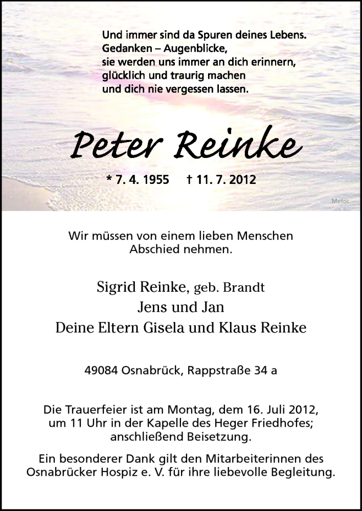  Traueranzeige für Peter Reinke vom 13.07.2012 aus Neue Osnabrücker Zeitung GmbH & Co. KG