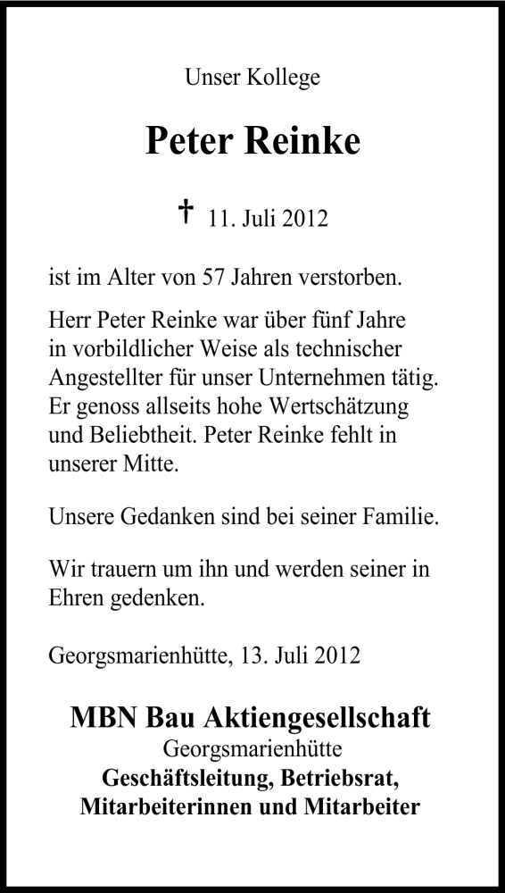  Traueranzeige für Peter Reinke vom 14.07.2012 aus Neue Osnabrücker Zeitung GmbH & Co. KG