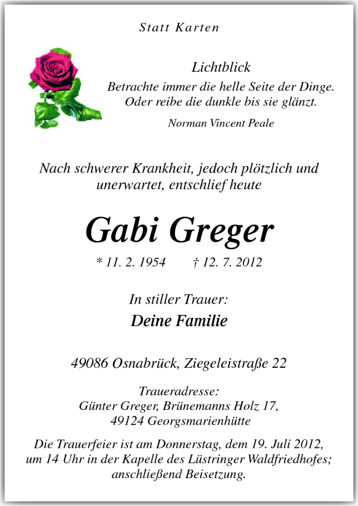  Traueranzeige für Gabi Greger vom 16.07.2012 aus Neue Osnabrücker Zeitung GmbH & Co. KG