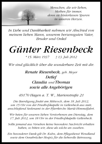 Traueranzeige von Günter Riesenbeck von Neue Osnabrücker Zeitung GmbH & Co. KG