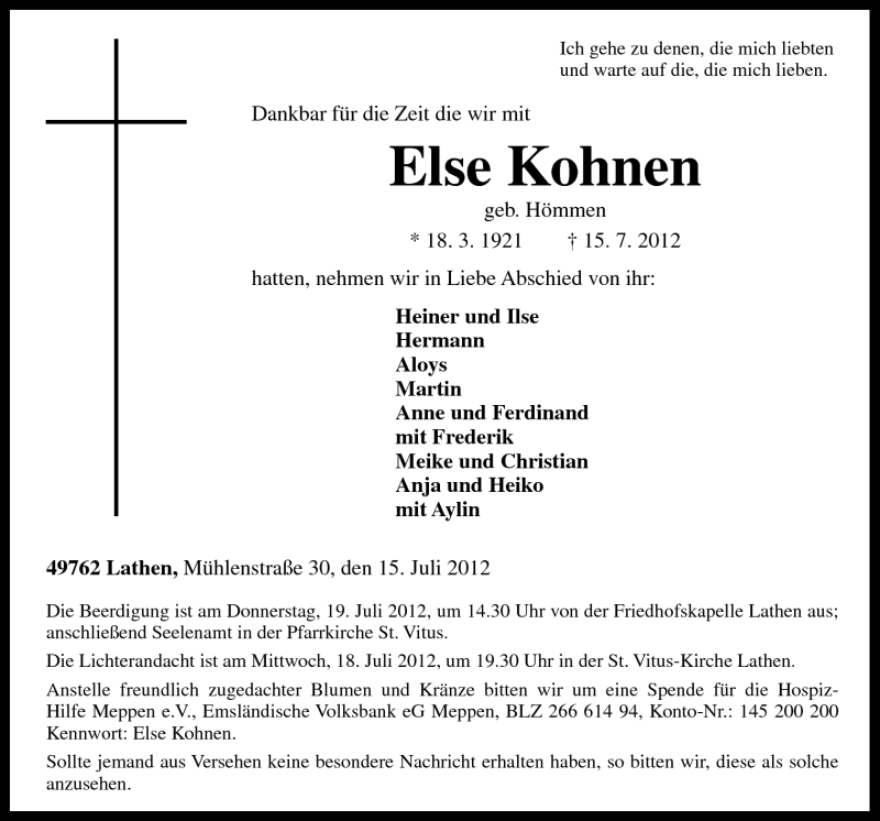  Traueranzeige für Else Kohnen vom 17.07.2012 aus Neue Osnabrücker Zeitung GmbH & Co. KG