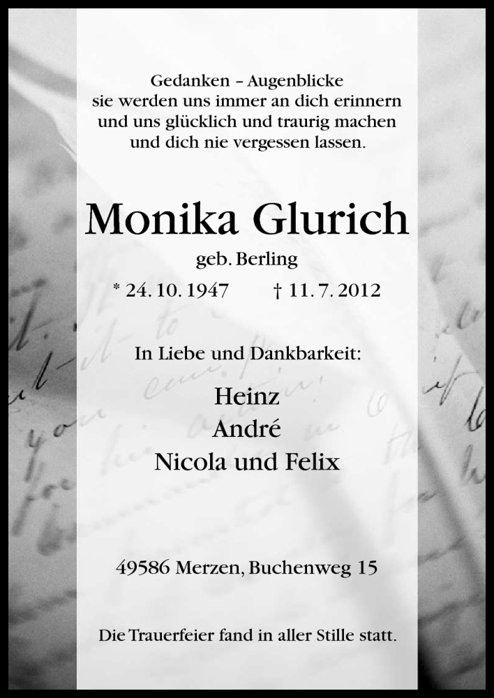  Traueranzeige für Monika Glurich vom 18.07.2012 aus Neue Osnabrücker Zeitung GmbH & Co. KG