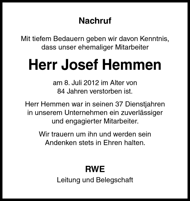  Traueranzeige für Josef Hemmen vom 19.07.2012 aus Neue Osnabrücker Zeitung GmbH & Co. KG