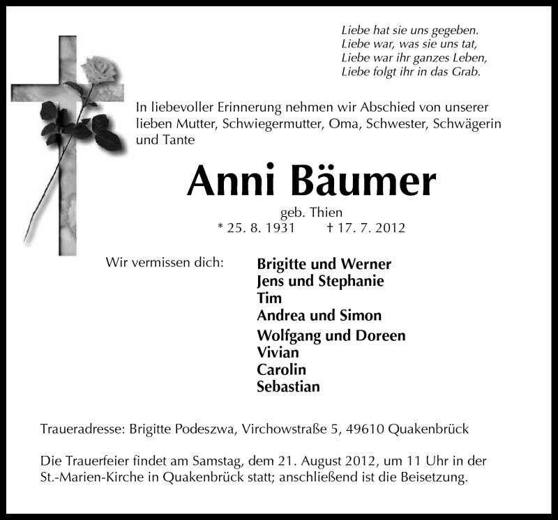  Traueranzeige für Anni Bäumer vom 19.07.2012 aus Neue Osnabrücker Zeitung GmbH & Co. KG