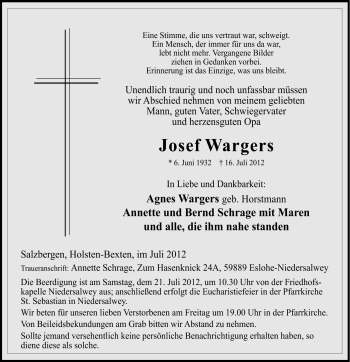 Traueranzeige von Josef Wargers von Neue Osnabrücker Zeitung GmbH & Co. KG