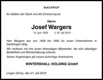 Traueranzeige von Josef Wargers von Neue Osnabrücker Zeitung GmbH & Co. KG