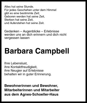 Traueranzeige von Barbara Campbell von Neue Osnabrücker Zeitung GmbH & Co. KG