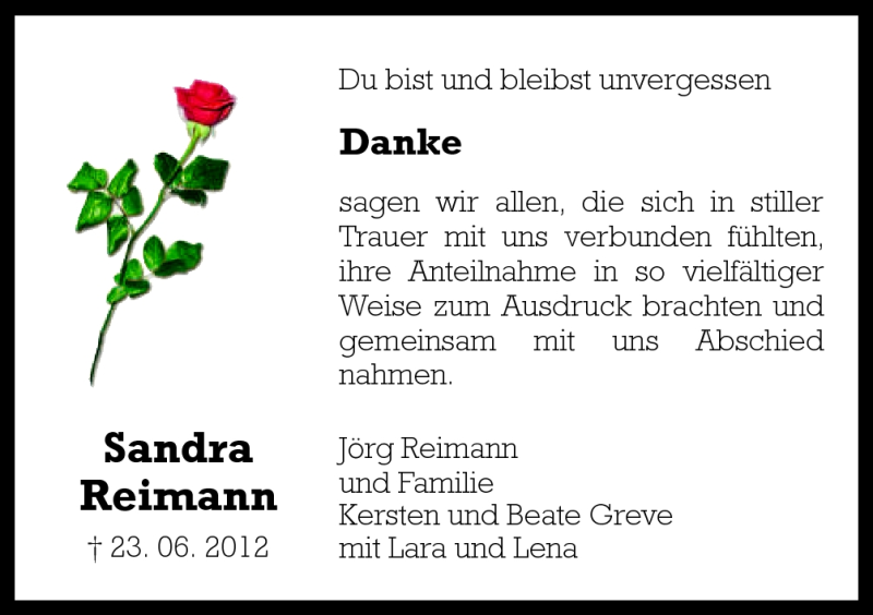  Traueranzeige für Sandra Reimann vom 21.07.2012 aus Neue Osnabrücker Zeitung GmbH & Co. KG
