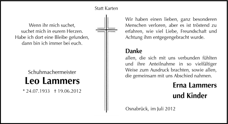  Traueranzeige für Leo Lammers vom 21.07.2012 aus Neue Osnabrücker Zeitung GmbH & Co. KG