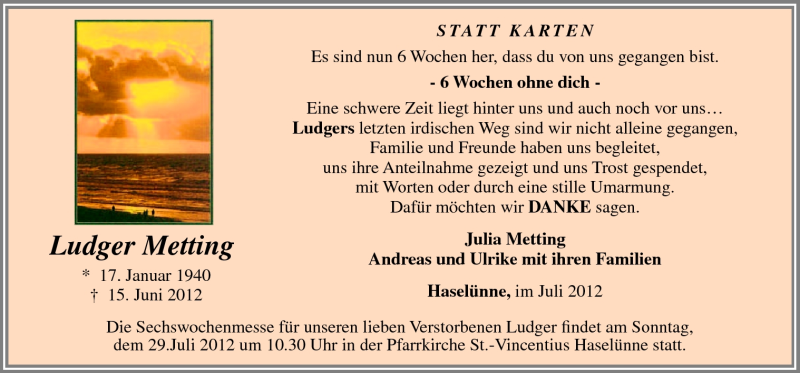  Traueranzeige für Ludger Metting vom 25.07.2012 aus Neue Osnabrücker Zeitung GmbH & Co. KG