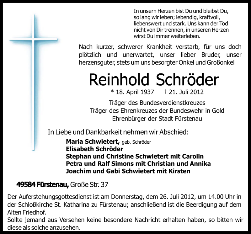 Traueranzeige für Reinhold Schröder vom 23.07.2012 aus Neue Osnabrücker Zeitung GmbH & Co. KG